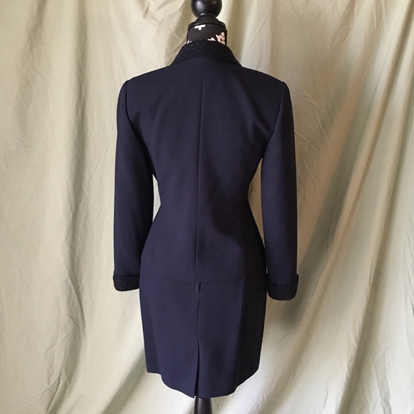 SOLD—Vintage 1990's Kasper Navy Bead Embellished Jeweled Skirt Suit, Size 2P - Picture 3 of 16